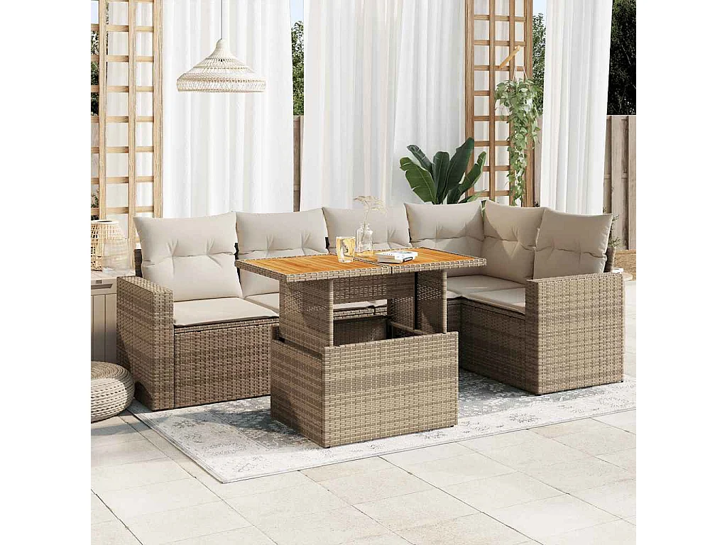 Salon de jardin avec coussins 6 pcs beige résine tressée