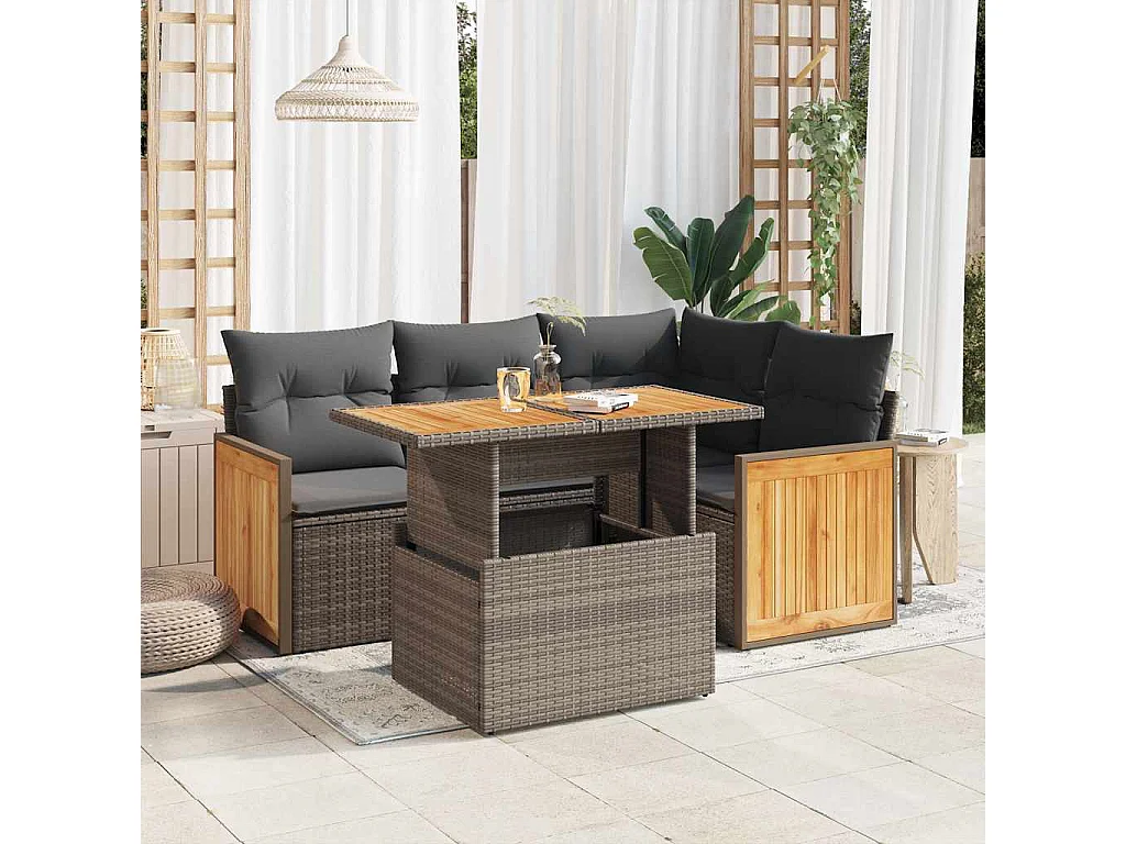 Salon de jardin 5 pcs avec coussins gris résine tressée acacia