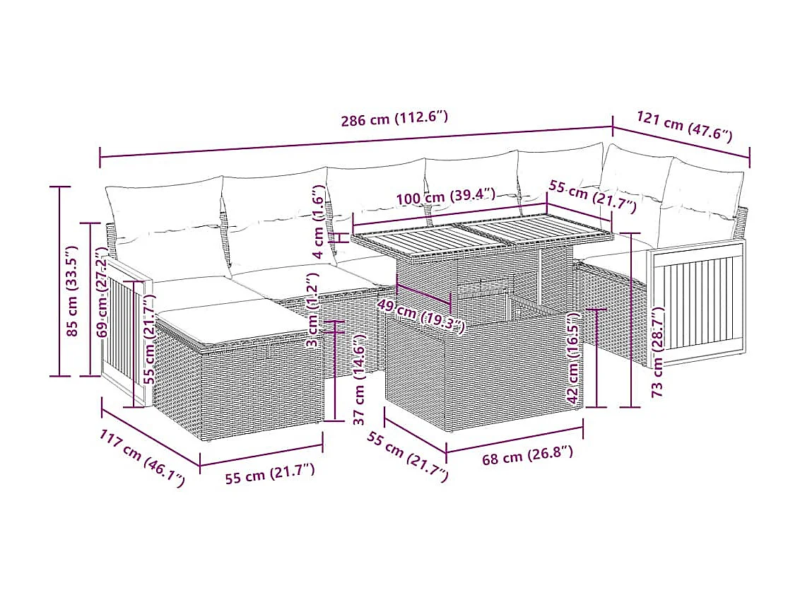 5-delige Loungeset met kussens poly rattan zwart