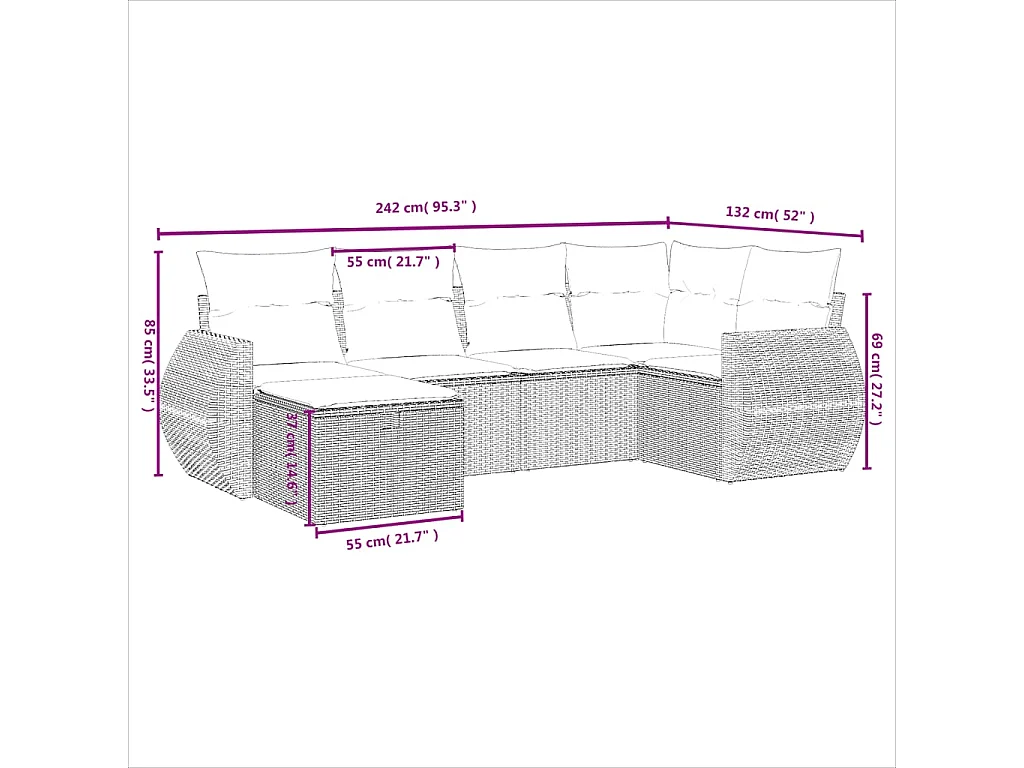 Salon de jardin avec coussins 6 pcs marron résine tressée
