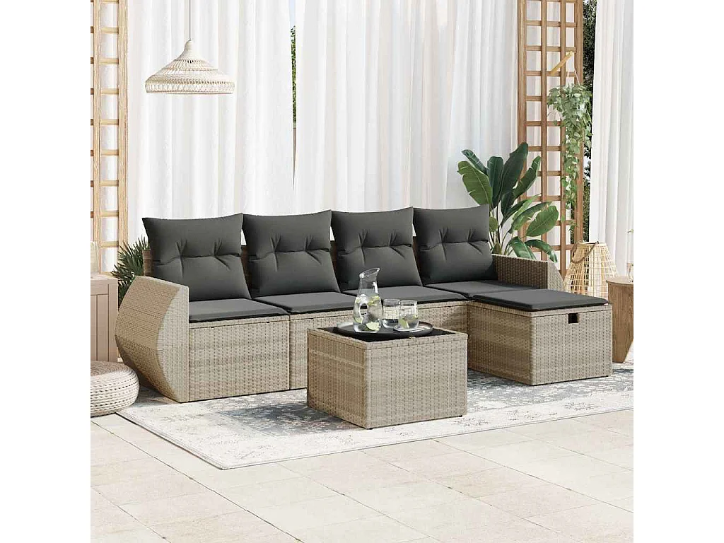 6 pcs conj. sofás jardim com almofadões vime PE cinzento-claro