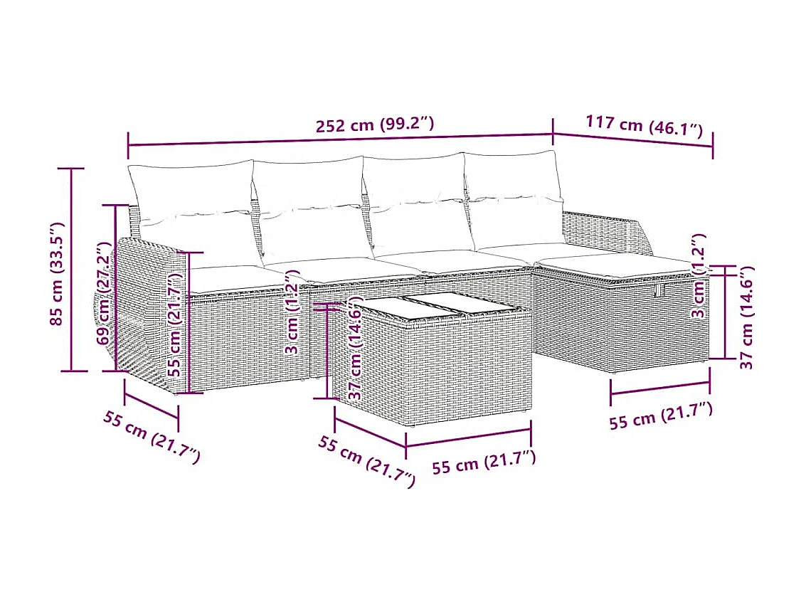 Salon de jardin 6 pcs avec coussins gris clair résine tressée
