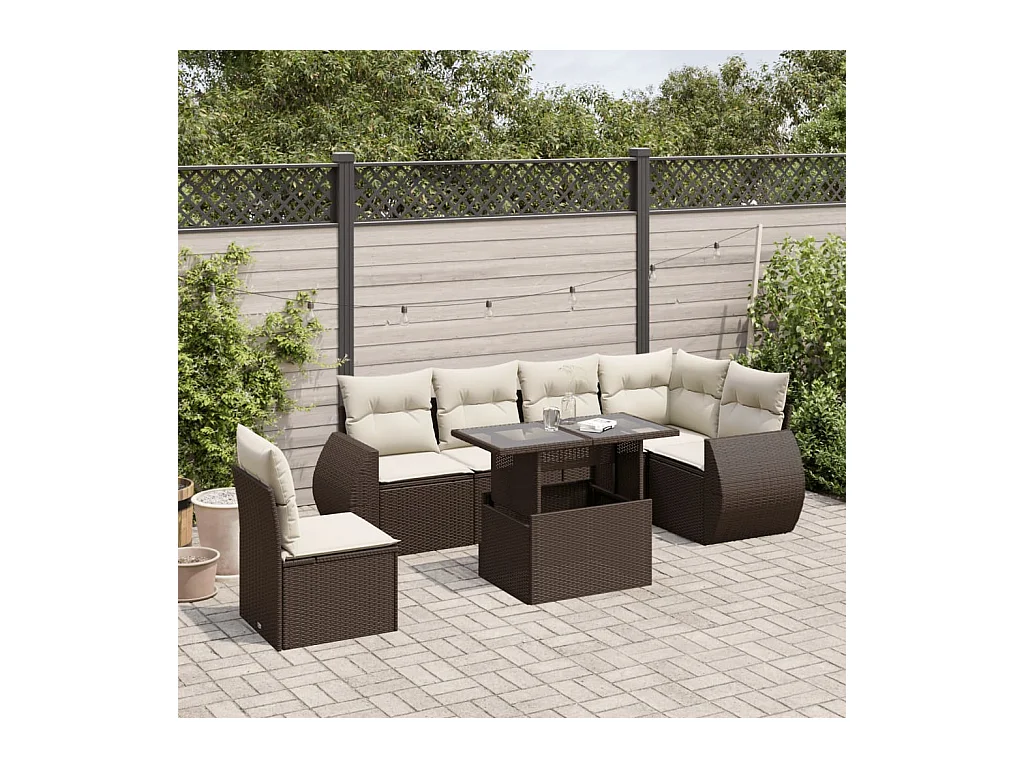Salon de jardin avec coussins 7 pcs marron résine tressée