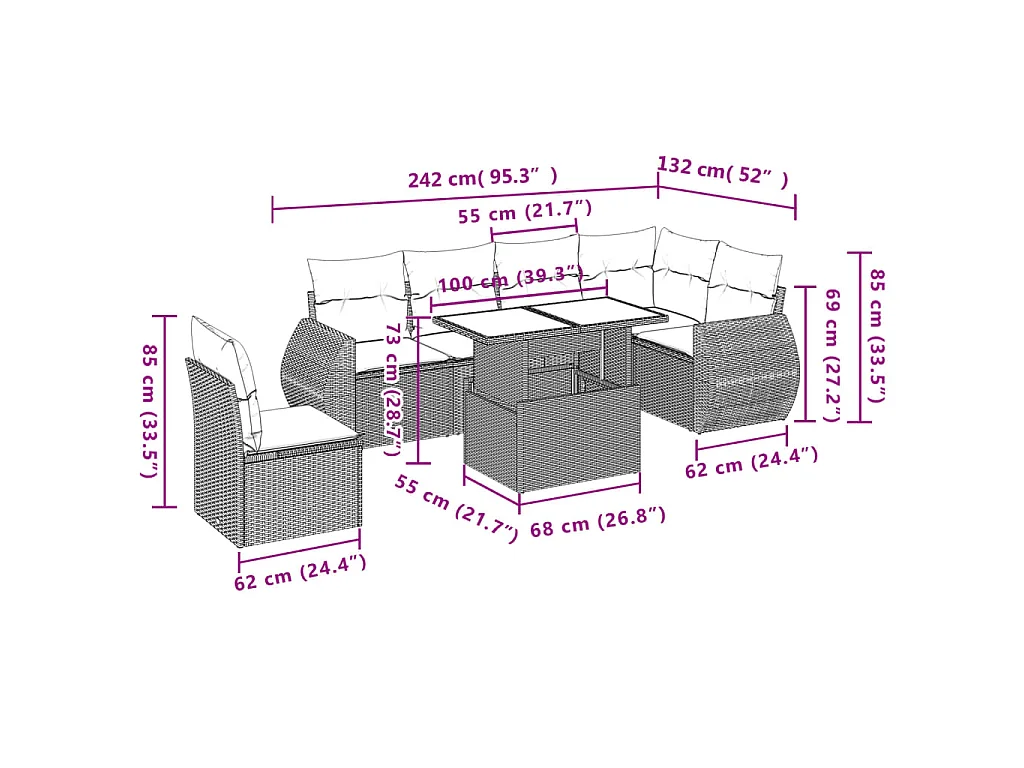 7-delige Loungeset met kussens poly rattan bruin