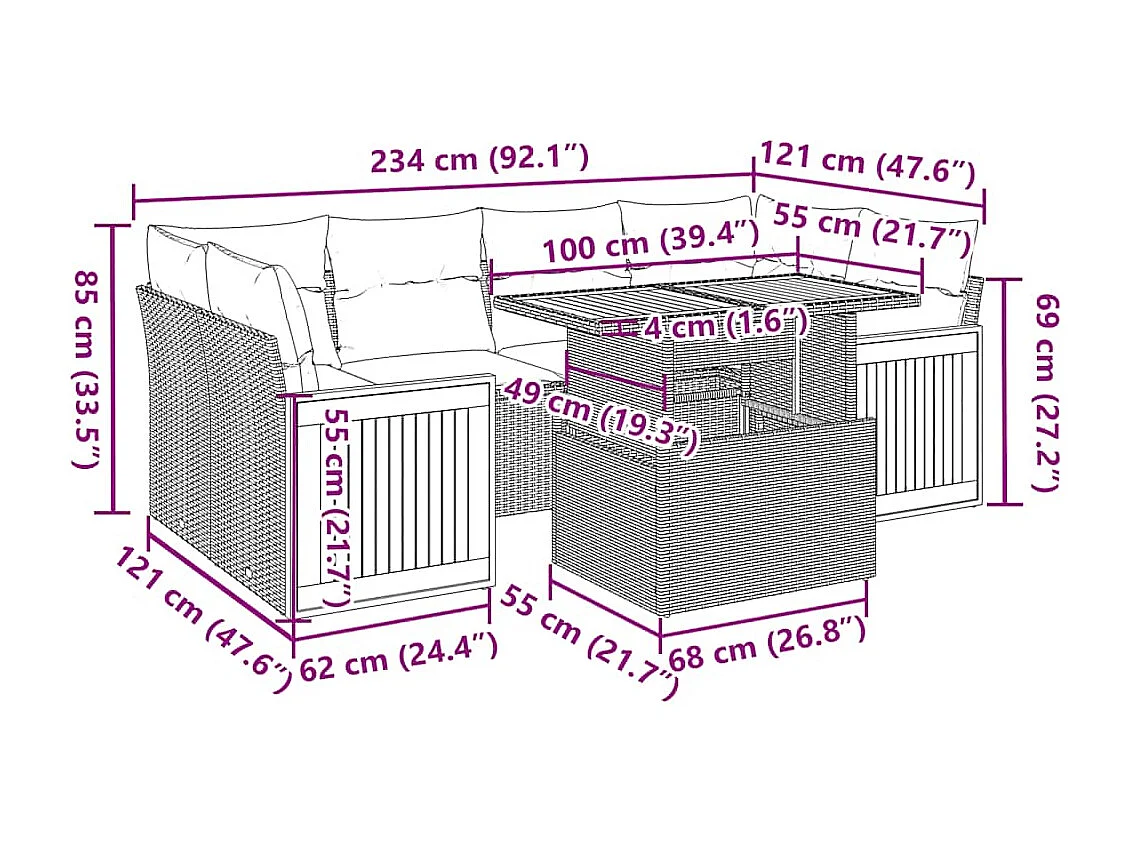 7-delige Loungeset met kussens poly rattan acacia grijs