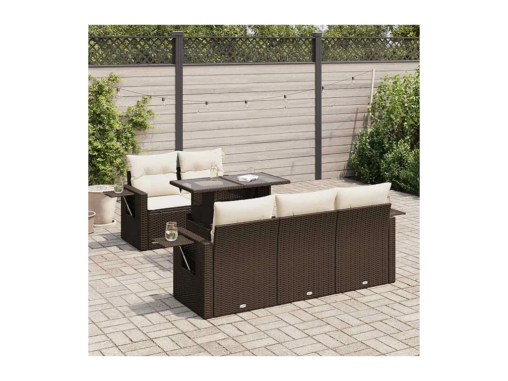 6-delige Loungeset met kussens poly rattan bruin