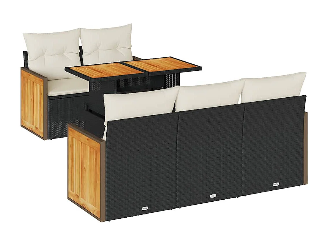 Set Divano da Giardino 6 pz con Cuscini Nero Polyrattan Acacia