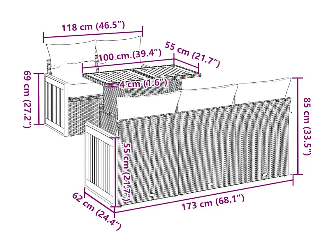 Set Divano da Giardino 6 pz con Cuscini Nero Polyrattan Acacia