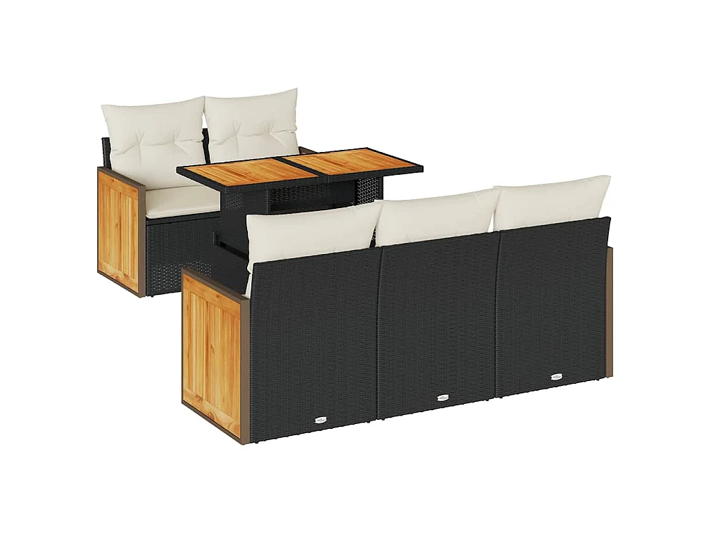 6-delige Loungeset met kussens poly rattan acacia zwart