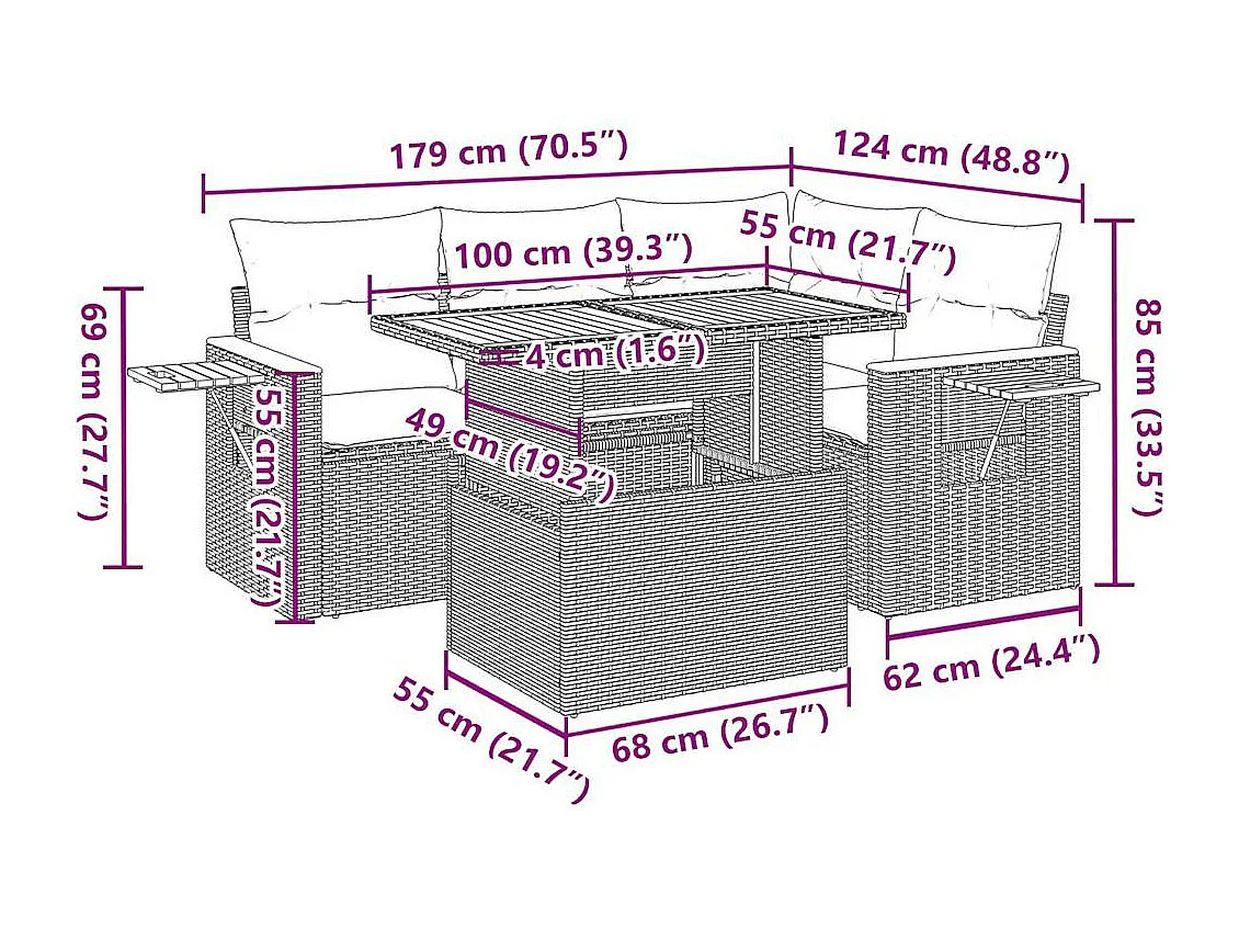 5-delige Loungeset met kussens poly rattan en acaciahout beige