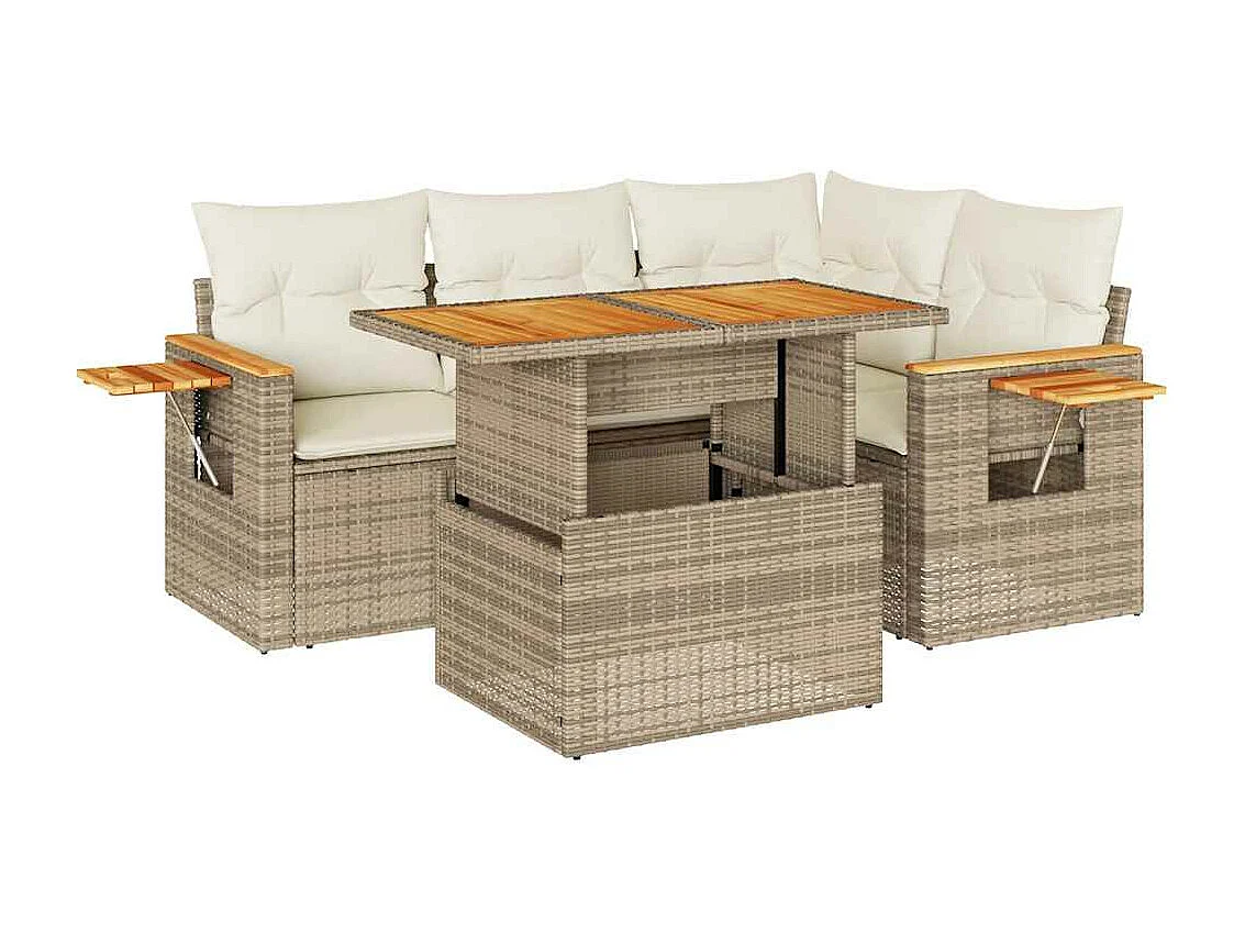 5 pcs conj. sofás p/ jardim c/ almofadões vime PE/acácia bege