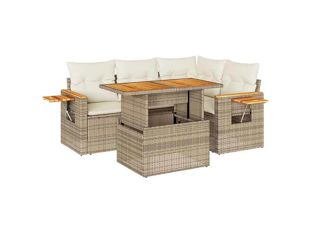 Set Divano da Giardino 5 pz con Cuscini Beige Polyrattan Acacia
