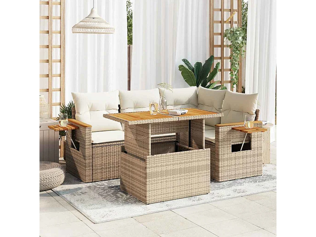 Set Divano da Giardino 5 pz con Cuscini Beige Polyrattan Acacia