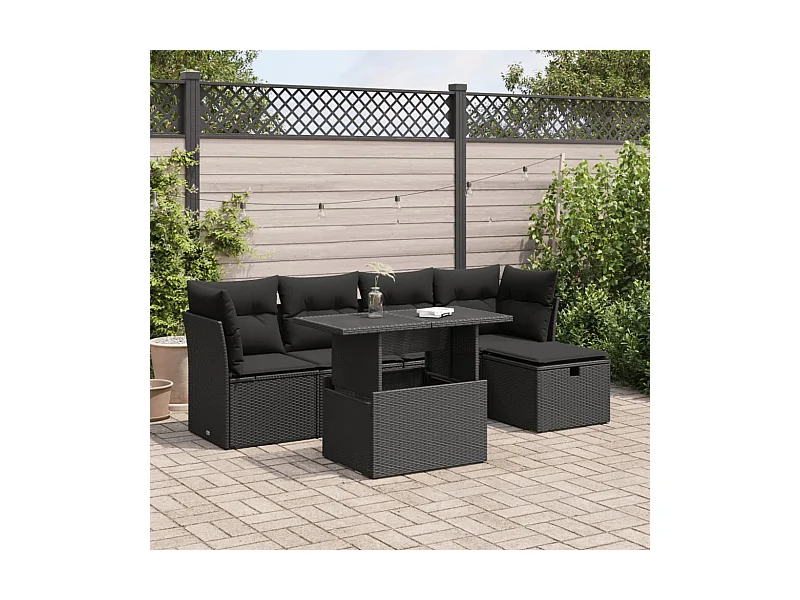 6-tlg. Garten-Sofagarnitur mit Kissen Schwarz Poly Rattan