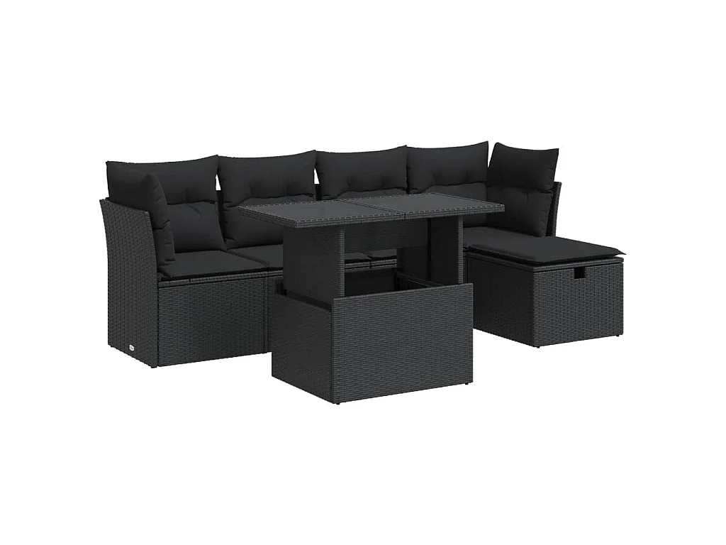 6 pcs conjunto sofás de jardim c/ almofadões vime PE preto