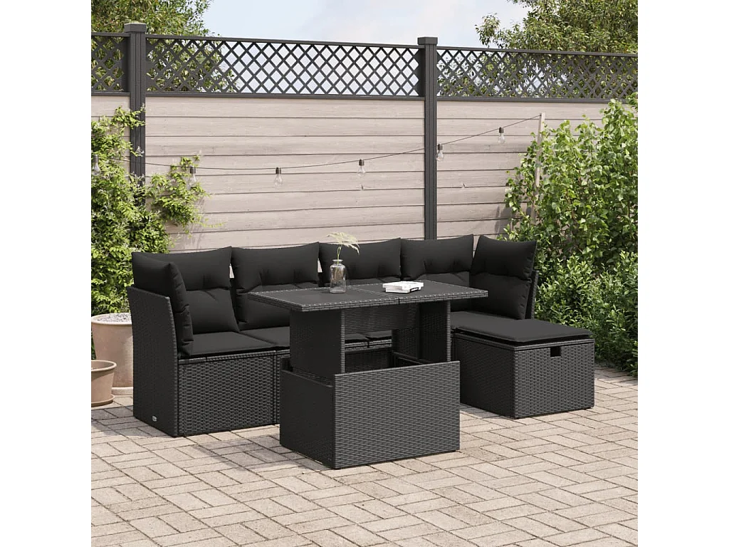 6 pcs conjunto sofás de jardim c/ almofadões vime PE preto