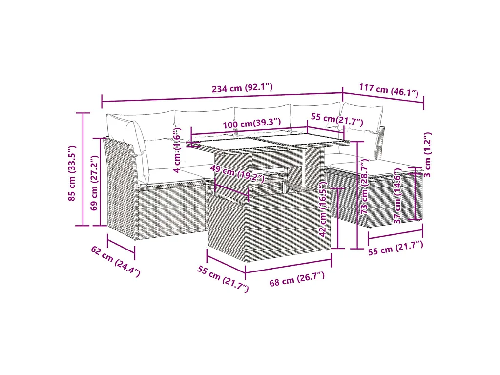 6 pcs conjunto sofás de jardim c/ almofadões vime PE preto