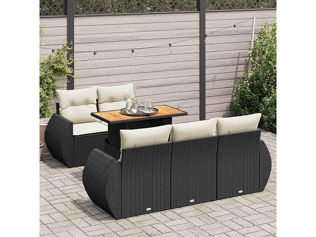 Salon de jardin 6 pcs avec coussins noir résine tressée