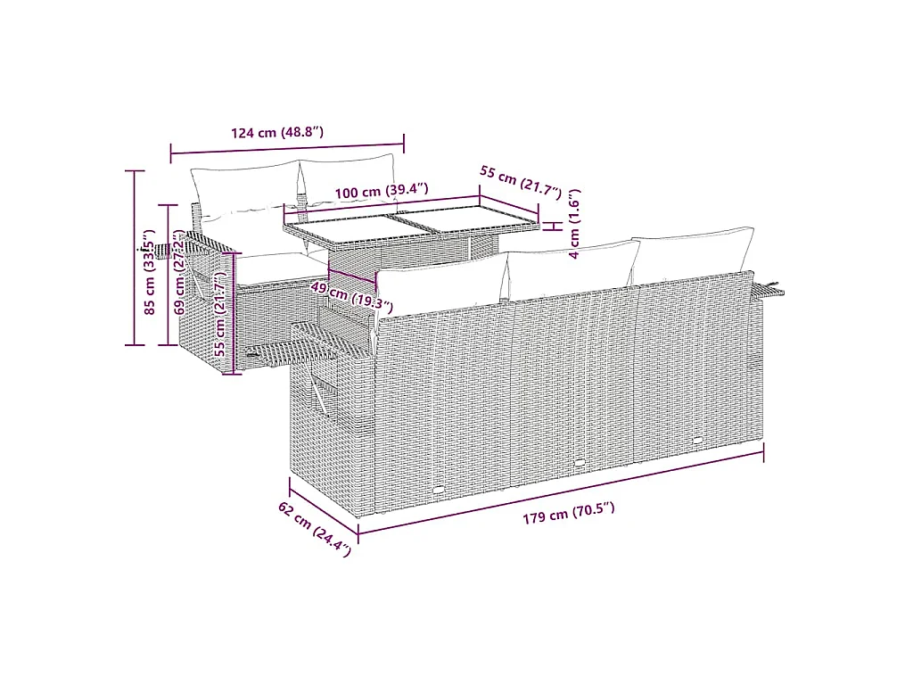 6-delige Loungeset met kussens poly rattan beige