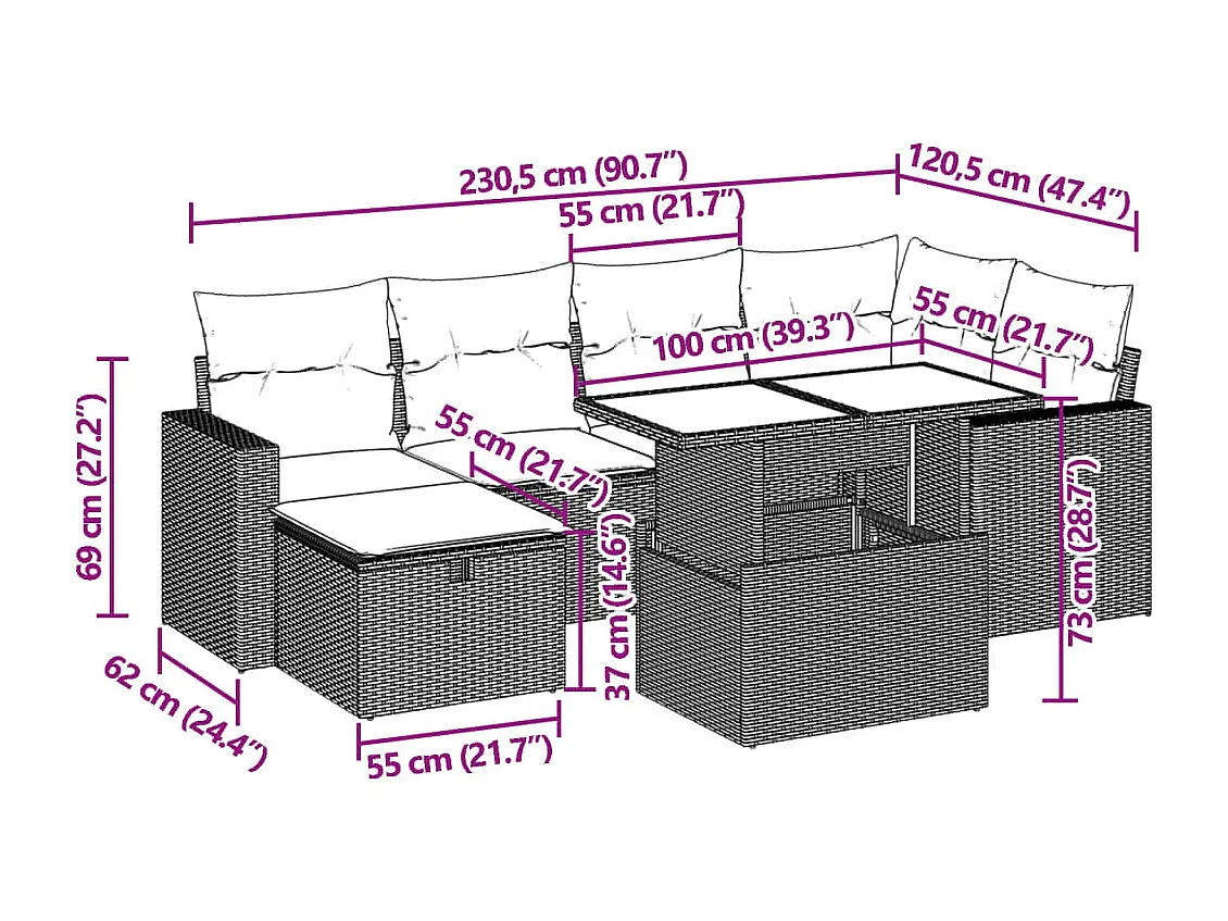 Salon de jardin avec coussins 7 pcs beige résine tressée