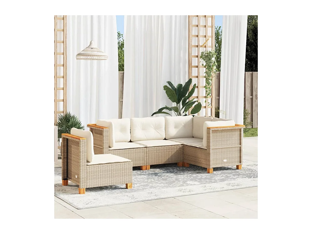 5-tlg. Garten-Sofagarnitur mit Kissen Beige Poly Rattan
