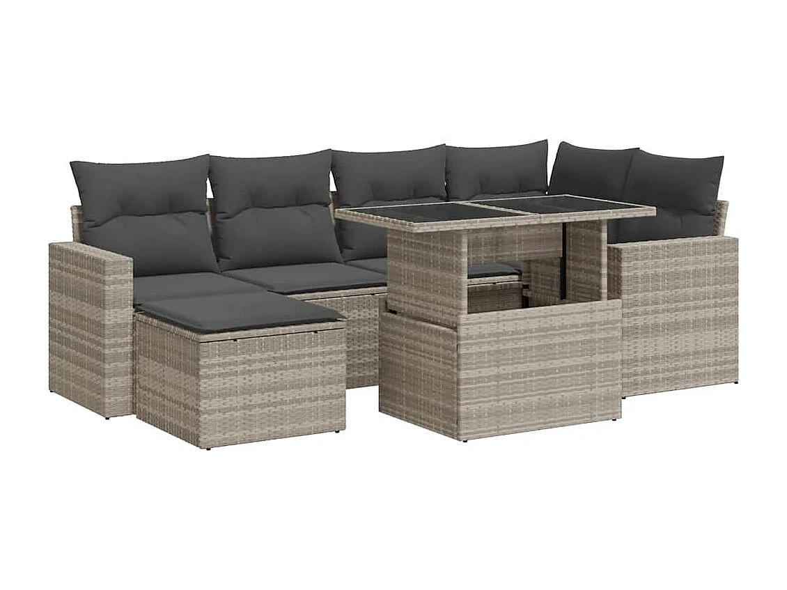 Set de sofás de jardín 7 pzas con cojines ratán PE gris claro