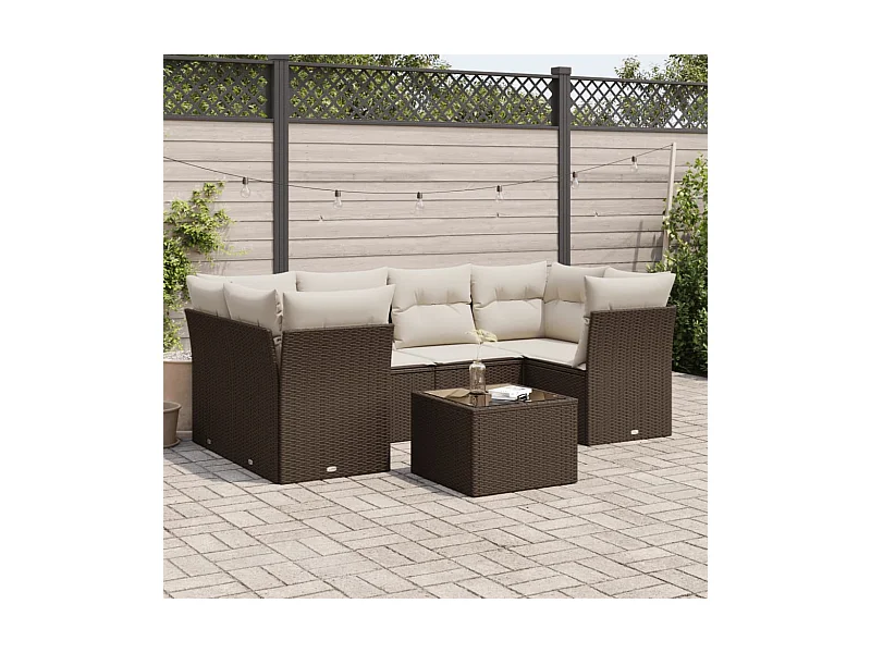 Salon de jardin avec coussins 7 pcs marron résine tressée