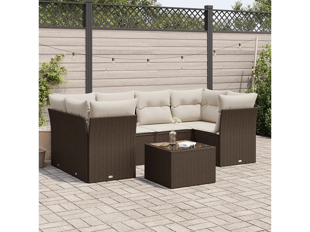 7-tlg. Garten-Sofagarnitur mit Kissen Braun Poly Rattan