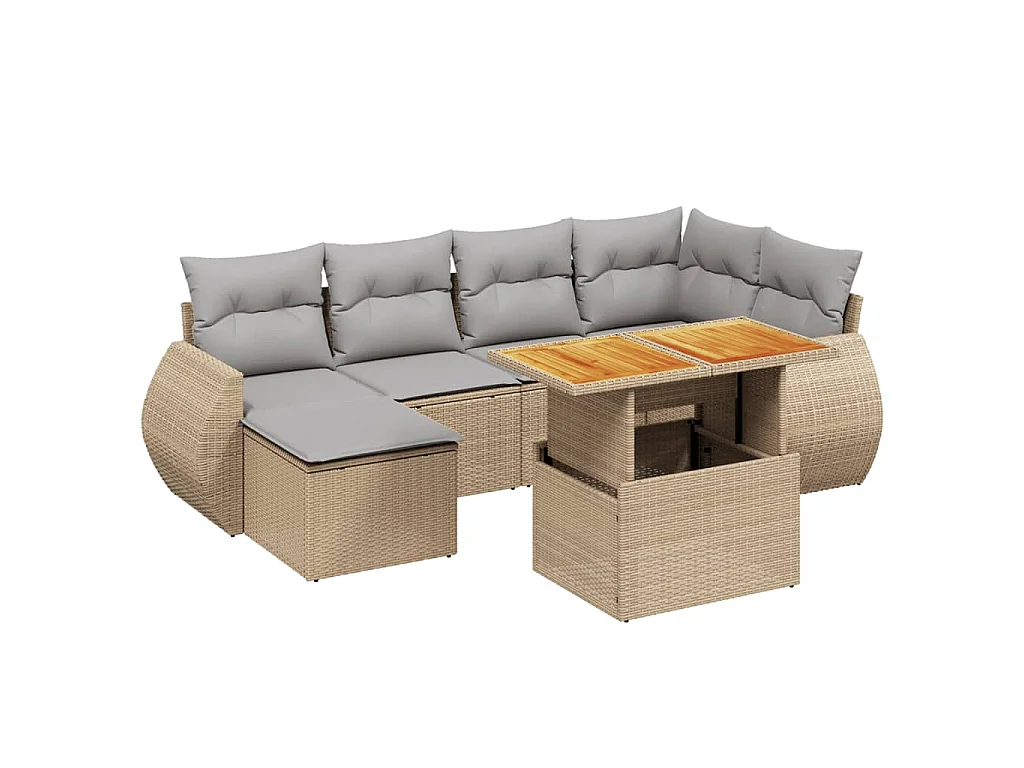 Set Divani da Giardino 7 pz con Cuscini Beige in Polyrattan