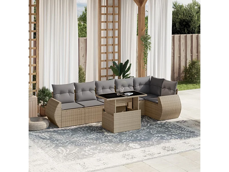 7-tlg. Garten-Sofagarnitur mit Kissen Beige Poly Rattan