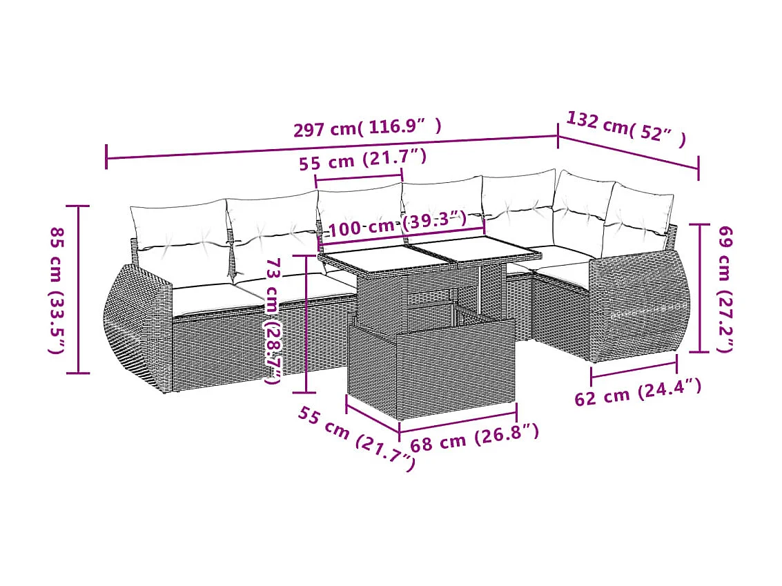 Set Divani da Giardino 7 pz con Cuscini Beige in Polyrattan