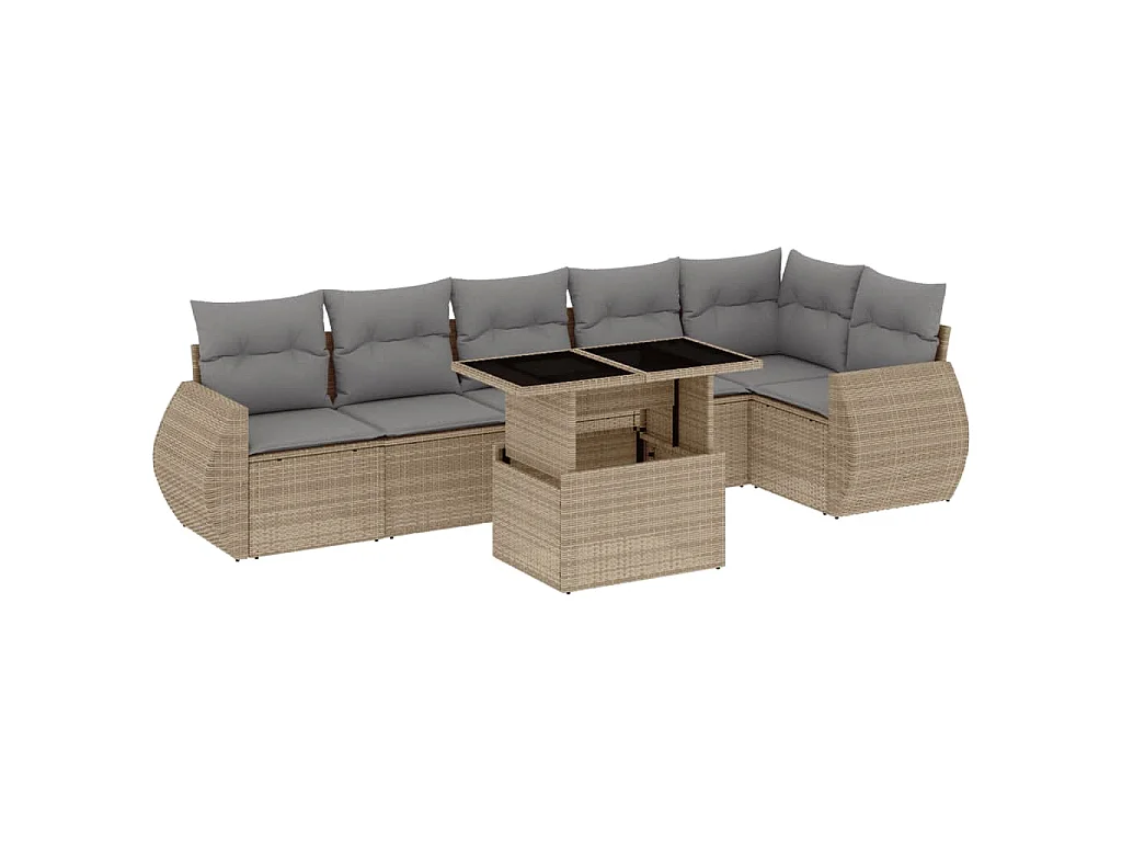 7-delige Loungeset met kussens poly rattan beige