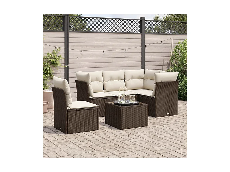 Salon de jardin avec coussins 6 pcs marron résine tressée