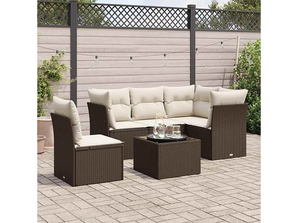 6-delige Loungeset met kussens poly rattan bruin