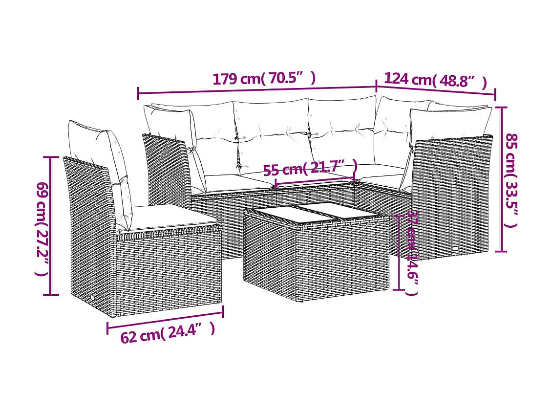 6-delige Loungeset met kussens poly rattan bruin