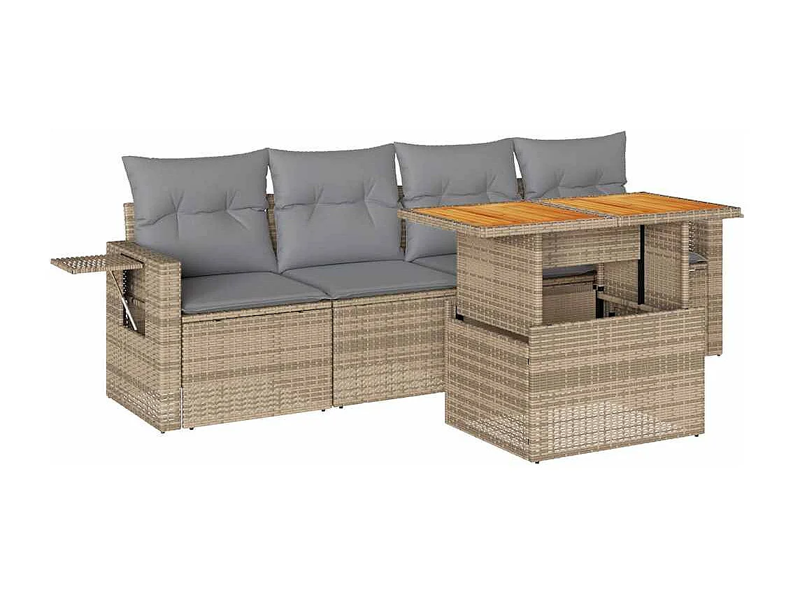 5-tlg. Garten-Sofagarnitur mit Kissen Beige Poly Rattan