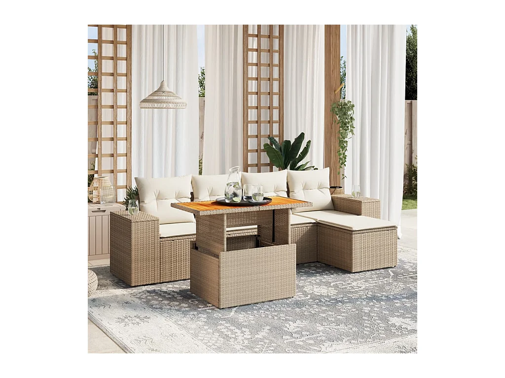 Juego de sofás jardín con cojines 6 pzas ratán sintético beige