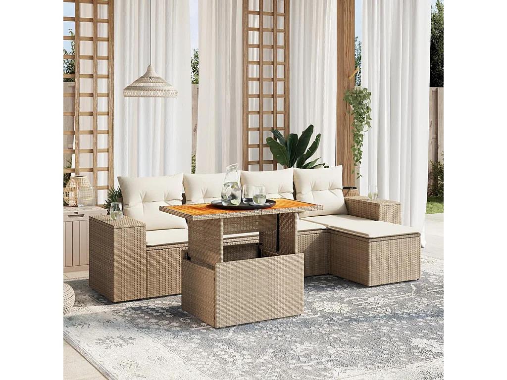 Salon de jardin avec coussins 6 pcs beige résine tressée