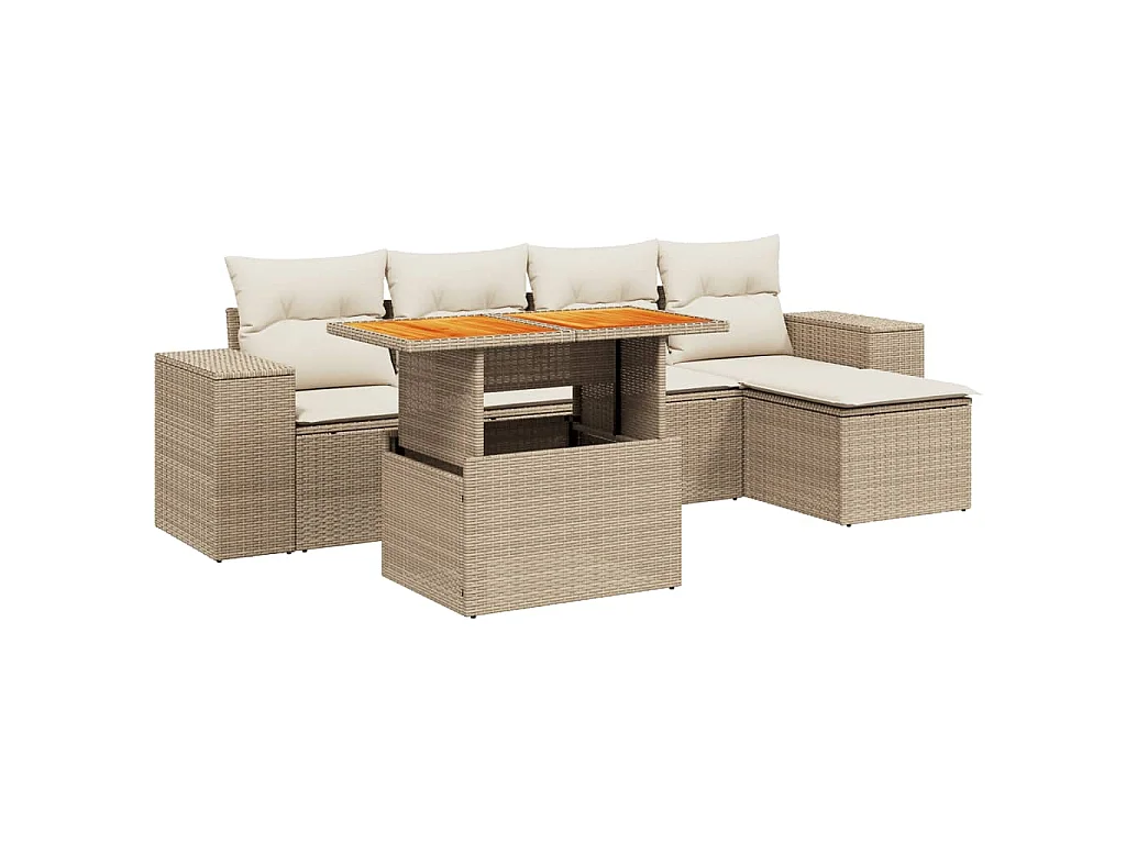 6-delige Loungeset met kussens poly rattan beige