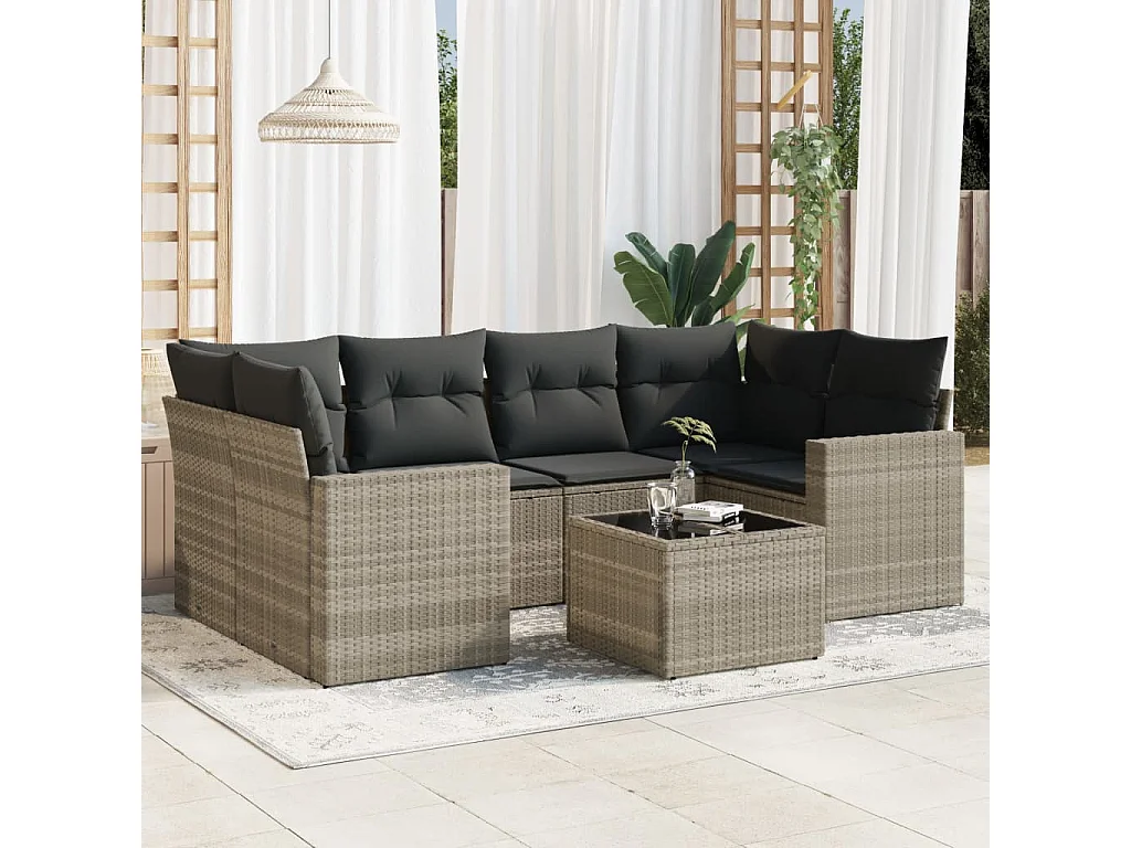 Set de sofás de jardín 7 pzas con cojines ratán PE gris claro