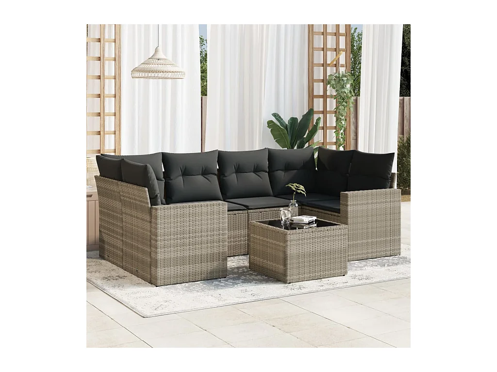 Salon de jardin avec coussins 7 pcs gris clair résine tressée