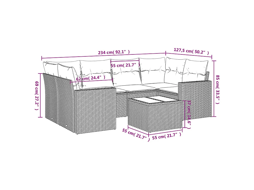Salon de jardin avec coussins 7 pcs gris clair résine tressée