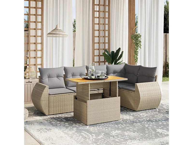 6-tlg. Garten-Sofagarnitur mit Kissen Beige Poly Rattan
