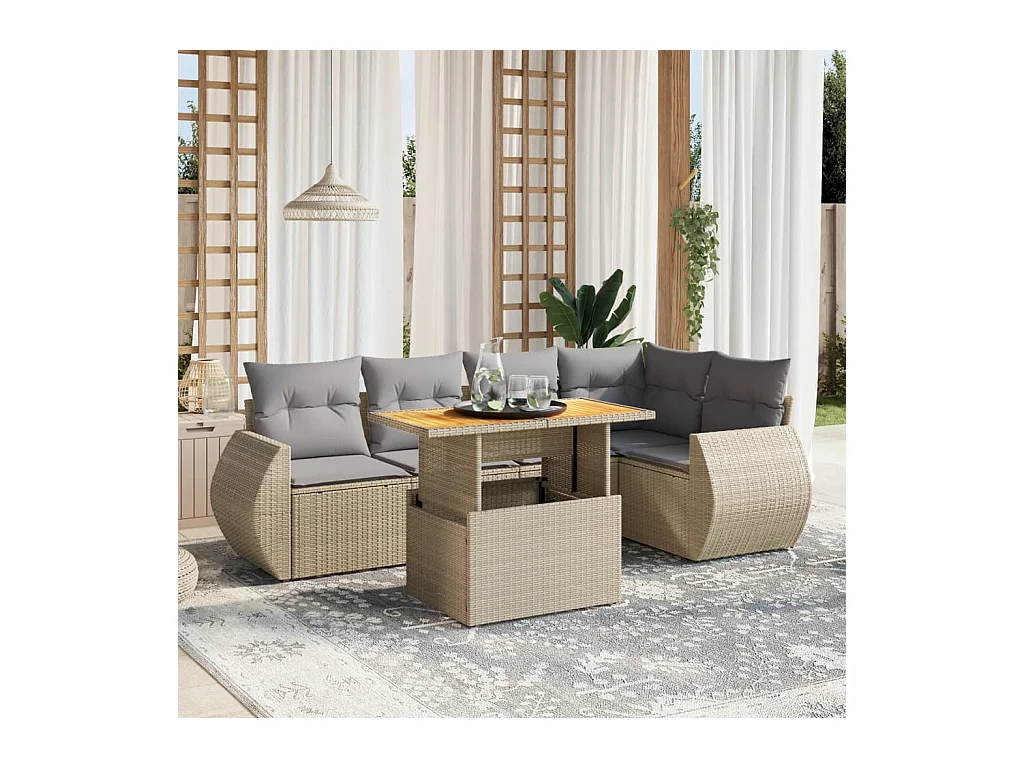 Salon de jardin avec coussins 6 pcs beige résine tressée