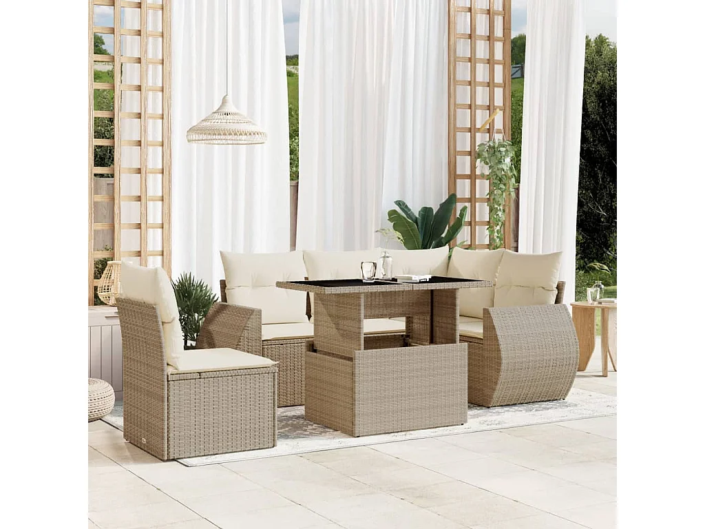 Set Divano da Giardino 6 pz con Cuscini Beige in Polyrattan
