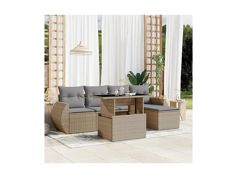 6-tlg. Garten-Sofagarnitur mit Kissen Beige Poly Rattan