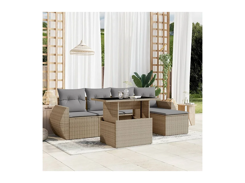 Salon de jardin avec coussins 6 pcs beige résine tressée