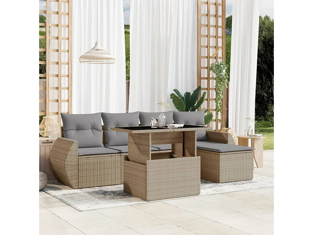 Salon de jardin avec coussins 6 pcs beige résine tressée