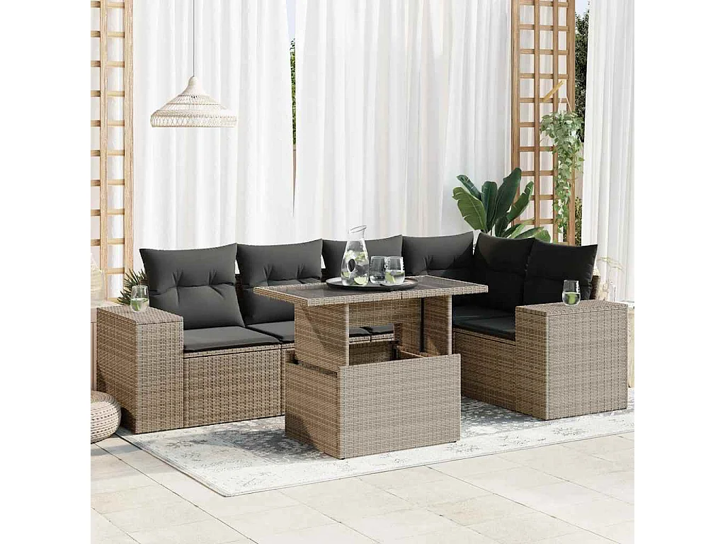 Salon de jardin 6 pcs avec coussins gris résine tressée