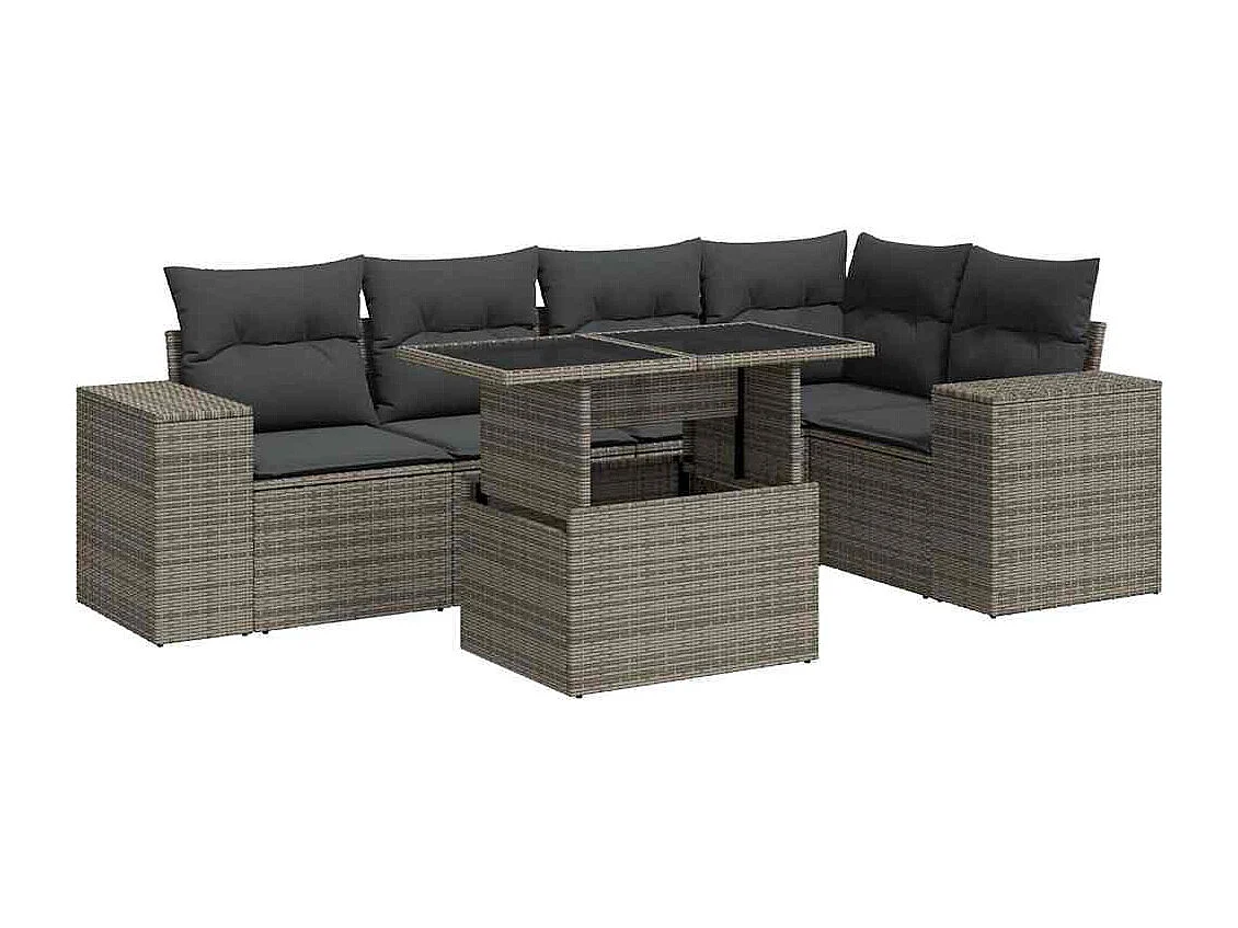 Salon de jardin 6 pcs avec coussins gris résine tressée